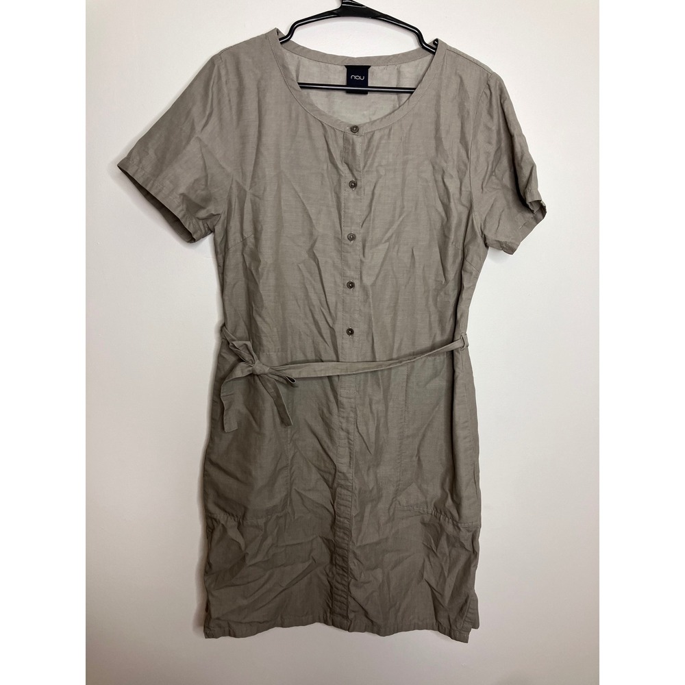 Nau Shirt Dress Womens 10 Olive Green Excellent Tencel Organic Cotton Belted